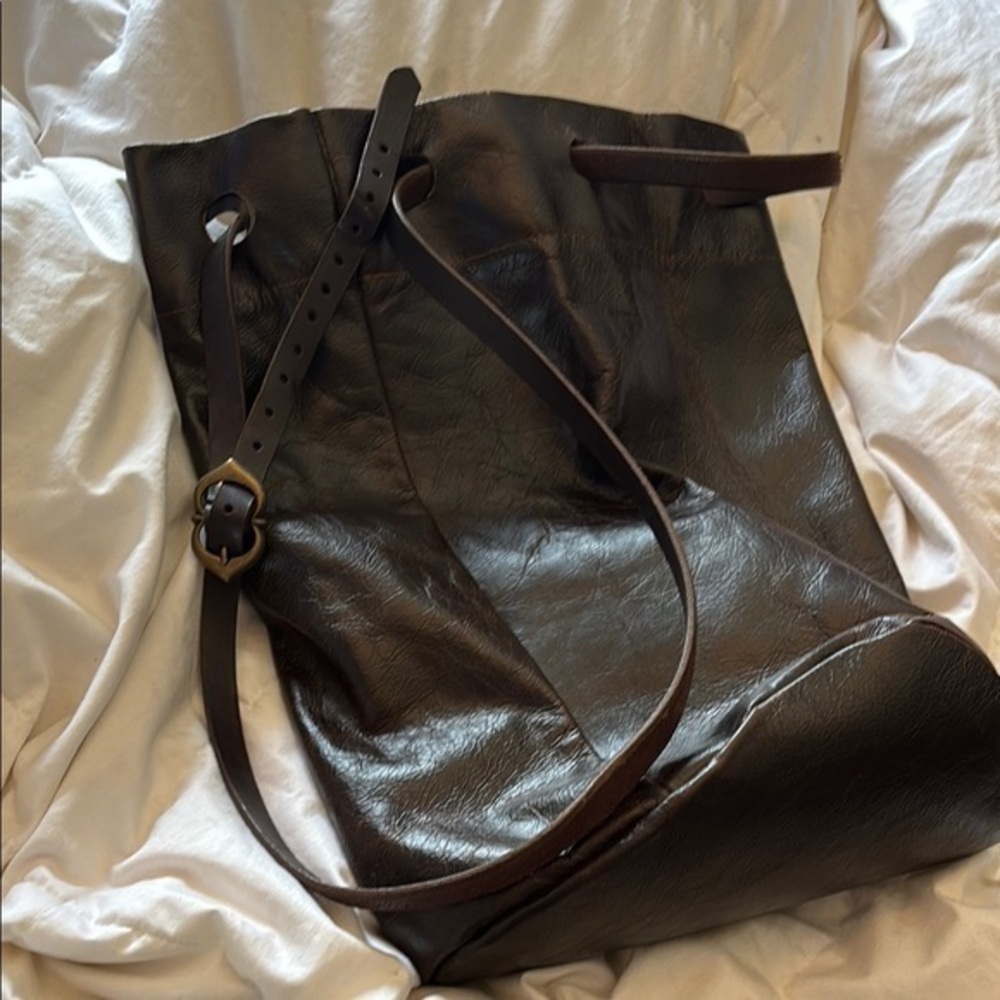 Boho large Brown Leather conchTote Bag adjustable strap purse